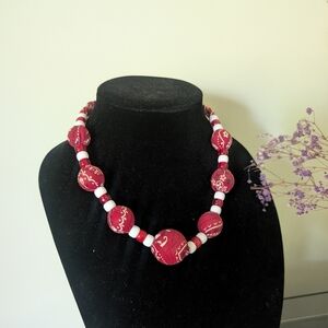 Elegant Red and White Fabric Beaded Necklace